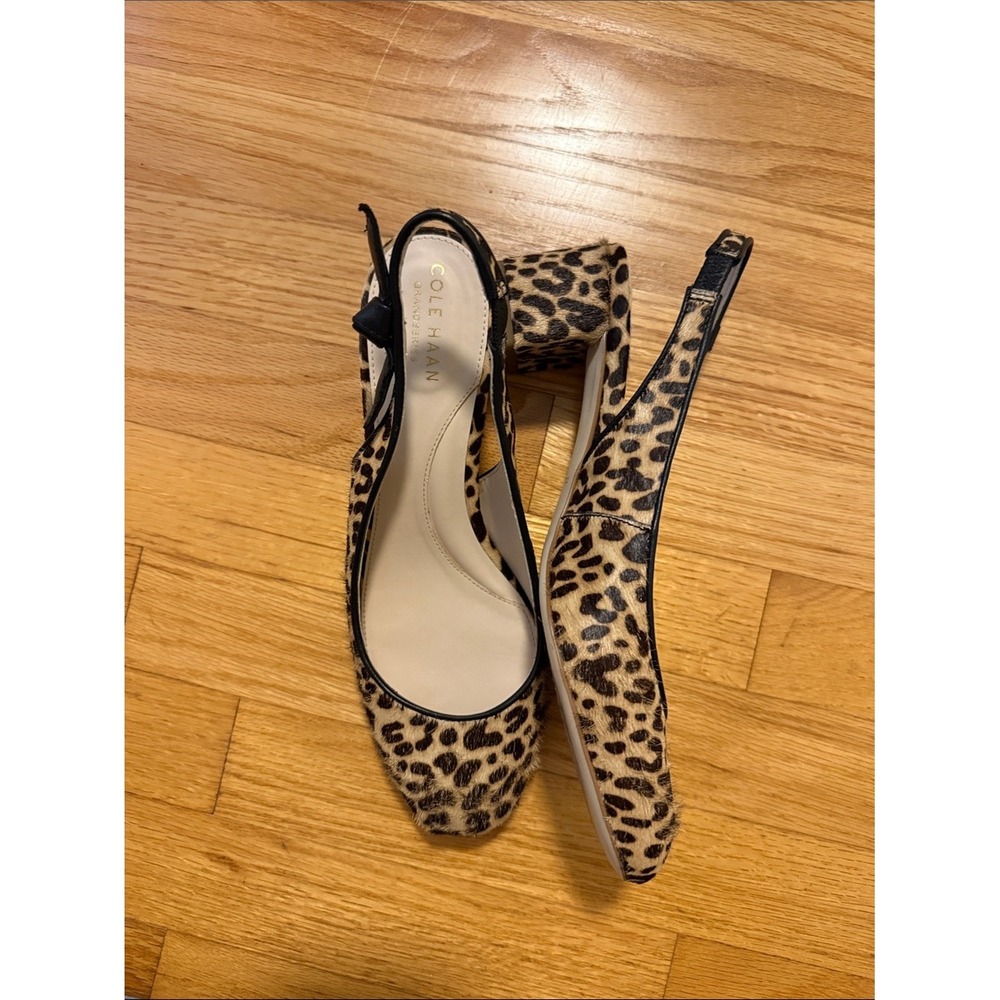 Cole Haan Leopard Print Calf Hair Slingback Block Heel Pumps Tan Black Size 8B
